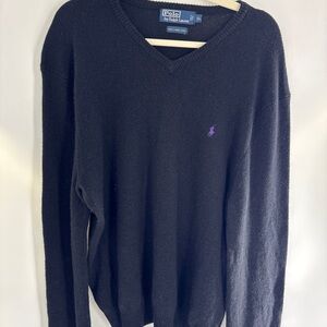 Polo by Ralph Lauren Black V-Neck Sweater with Purple Logo